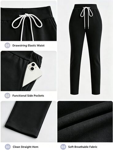 Women's High Waist Drawstring Casual Pants Straight Leg Trousers with Pockets for Workout in Kuwait
