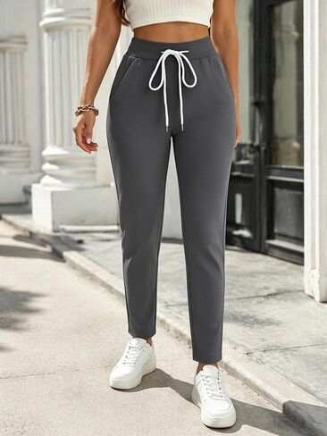Women's High Waist Drawstring Casual Pants Straight Leg Trousers with Pockets for Workout in Kuwait
