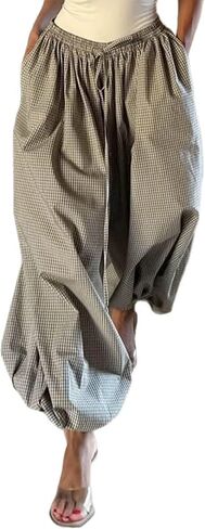 SOMTHRON Women's Plaid Baggy Wide Leg Pants Drawstring Elastic Waist Pleated Balloon Ruffle Harem Long Trousers in Kuwait