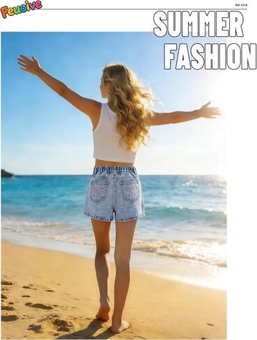 Girls Bow Jean Shorts Baggy Cute Y2K Elastic High Waist Washed Blue Summer Denim Shorts for Teen Girls 12-16Y in Saudi Arabia