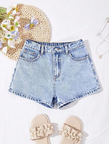 Girls Bow Jean Shorts Baggy Cute Y2K Elastic High Waist Washed Blue Summer Denim Shorts for Teen Girls 12-16Y in Saudi Arabia
