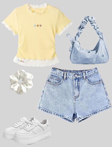 Girls Bow Jean Shorts Baggy Cute Y2K Elastic High Waist Washed Blue Summer Denim Shorts for Teen Girls 12-16Y in Saudi Arabia