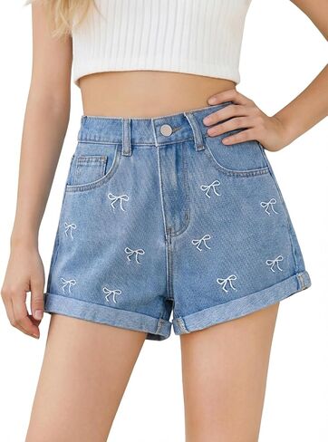 Girls Bow Jean Shorts Baggy Cute Y2K Elastic High Waist Washed Blue Summer Denim Shorts for Teen Girls 12-16Y in Saudi Arabia