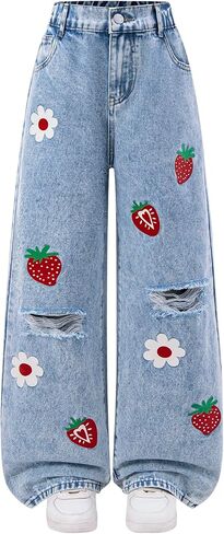 Baggy Jeans for Girls Cute Wide Leg Ripped Distressed High Elastic Waisted Denim Pants Y2k Streetwear 7-14Y in Saudi Arabia