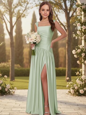 Satin Junior Bridesmaid Dresses Square Neck Flower Girl Dress Asymmetrical Drop Waist Formal A Line Gown in Saudi Arabia