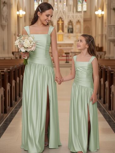 Satin Junior Bridesmaid Dresses Square Neck Flower Girl Dress Asymmetrical Drop Waist Formal A Line Gown in Saudi Arabia