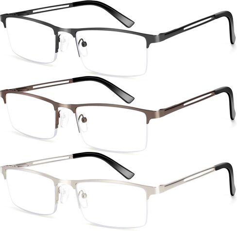 3 Pack Reading Glasses Men - Blue Light Blocking Metal Semi Rimless Mens Readers for Computer Use, Square Eye Glasses with Spring Hinge (H1 Black & Silver & Brown, 1.50) in Saudi Arabia