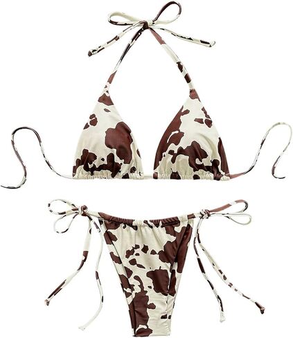 SHENHE Women's String Bikini Set Cow Print Triangle Halter Tie Side Bottom 2 Piece Swimsuits in Kuwait