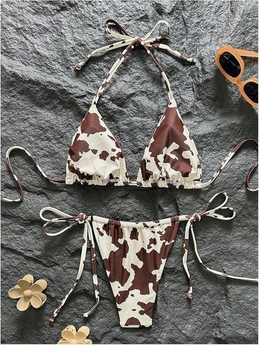 SHENHE Women's String Bikini Set Cow Print Triangle Halter Tie Side Bottom 2 Piece Swimsuits in Kuwait