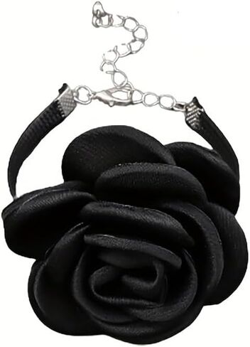 Black Rose Flower Bracelet for Women - Fabric Cloth Camellia Flowers Floral Adjustable Chain Bracelets Boho Wedding Party Banquet Prom Jewelry Hand Accessory in Kuwait