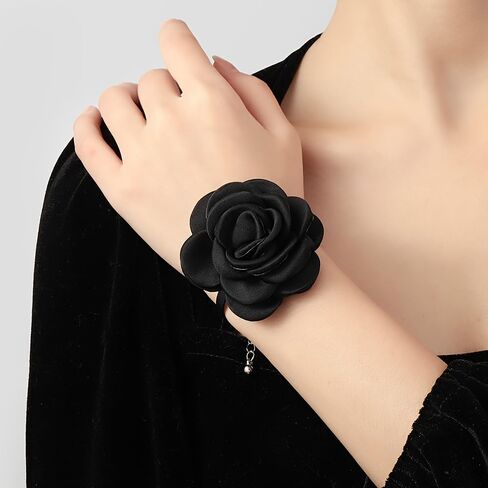 Black Rose Flower Bracelet for Women - Fabric Cloth Camellia Flowers Floral Adjustable Chain Bracelets Boho Wedding Party Banquet Prom Jewelry Hand Accessory in Kuwait
