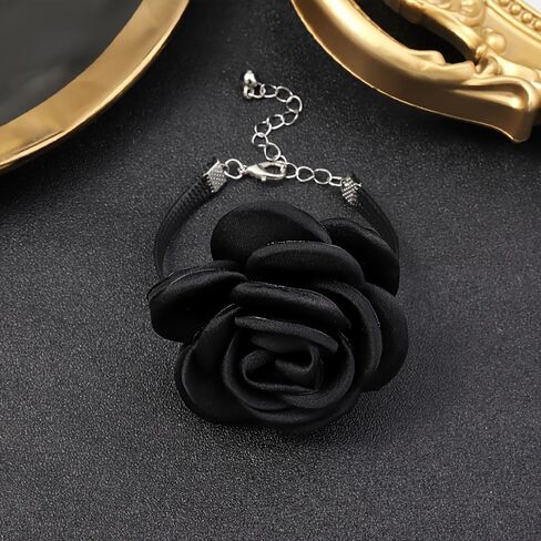 Black Rose Flower Bracelet for Women - Fabric Cloth Camellia Flowers Floral Adjustable Chain Bracelets Boho Wedding Party Banquet Prom Jewelry Hand Accessory in Kuwait