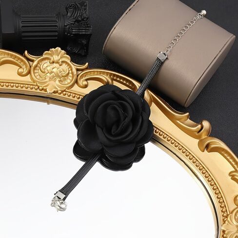 Black Rose Flower Bracelet for Women - Fabric Cloth Camellia Flowers Floral Adjustable Chain Bracelets Boho Wedding Party Banquet Prom Jewelry Hand Accessory in Kuwait