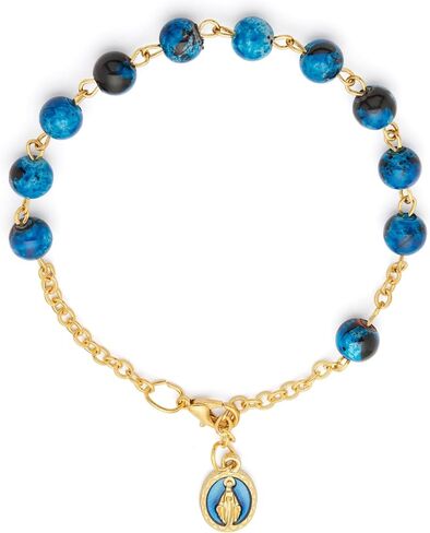 Mondo Cattolico Catholic Prayer Rosary Bracelet for Women – Gold-Tone with Blue 6mm Beads, Made in Italy Religious Jewelry Gift in Saudi Arabia