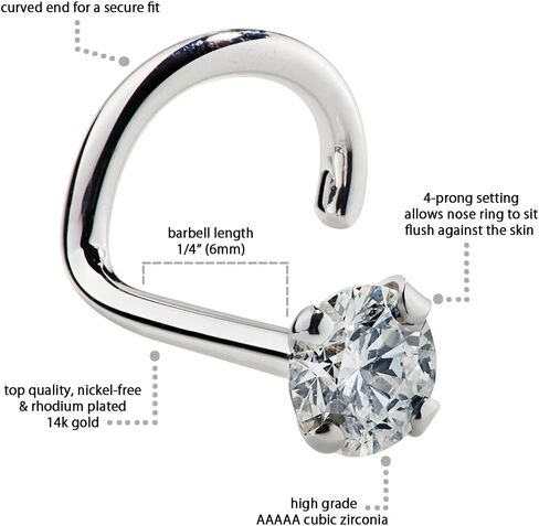FreshTrends Cubic Zirconia Nose Ring Twist - 14K Nickel-Free White Gold Nose Screw - 1.5mm, 2mm, 3mm Stud 18 Gauge (1.5mm) in Saudi Arabia