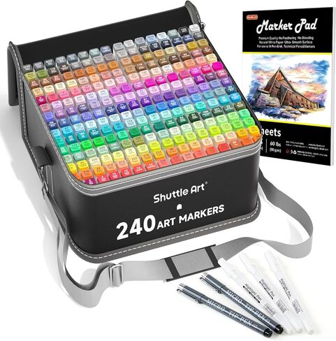 Shuttle Art 310 Colors Alcohol Markers, 309 Colors Dual Tip Art Marker Set Plus Colorless Blender, Micro-tip Pens, White Highlighter Pens, Marker Bag with Holders Perfect for Students Adults Coloring in Kuwait