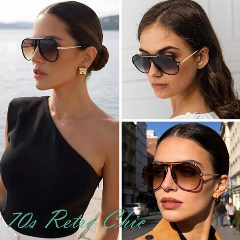 GRFISIA Oversized Retro Aviator Sunglasses for Women Men Gold Trendy 70s Metal Shades Tangle Free Sun Glasses in Kuwait