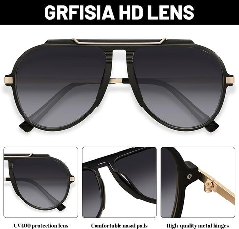 GRFISIA Oversized Retro Aviator Sunglasses for Women Men Gold Trendy 70s Metal Shades Tangle Free Sun Glasses in Kuwait