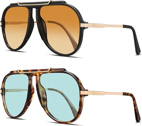 GRFISIA Oversized Retro Aviator Sunglasses for Women Men Gold Trendy 70s Metal Shades Tangle Free Sun Glasses in Kuwait