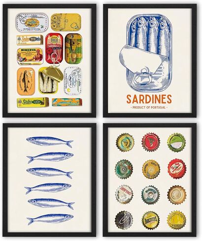 NaZaUK Sardine Decor Fish Coastal Beach Vintage Art Prints, Vintage Kitchen Wall Art Prints, Retro Fun Sardine Fish Poster For Kitchen Dining Wall Decor, 8x10 Unframed Set of 4 in Saudi Arabia