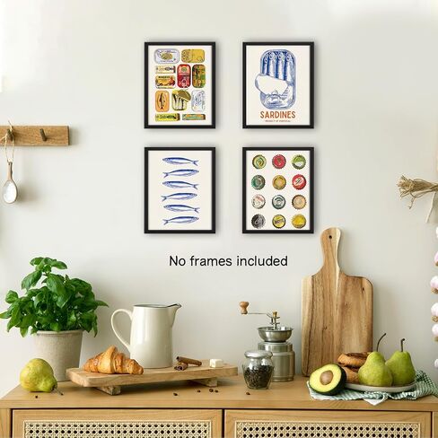 NaZaUK Sardine Decor Fish Coastal Beach Vintage Art Prints, Vintage Kitchen Wall Art Prints, Retro Fun Sardine Fish Poster For Kitchen Dining Wall Decor, 8x10 Unframed Set of 4 in Saudi Arabia