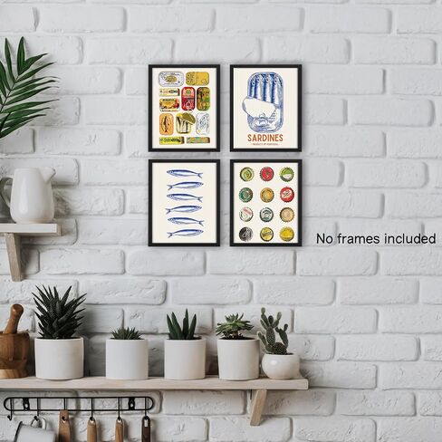 NaZaUK Sardine Decor Fish Coastal Beach Vintage Art Prints, Vintage Kitchen Wall Art Prints, Retro Fun Sardine Fish Poster For Kitchen Dining Wall Decor, 8x10 Unframed Set of 4 in Saudi Arabia