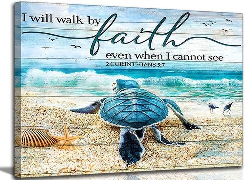 Christian Bible Inspirational Canvas Wall Art Teal Turtle Motivational Quotes I Will Walk By Faith Blue Beach Scenery Painting Picture Wall Decor poster print artwork for Bathroom Office in Saudi Arabia