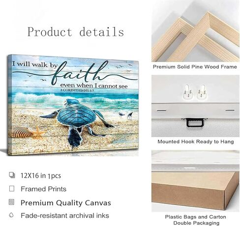 Christian Bible Inspirational Canvas Wall Art Teal Turtle Motivational Quotes I Will Walk By Faith Blue Beach Scenery Painting Picture Wall Decor poster print artwork for Bathroom Office in Saudi Arabia