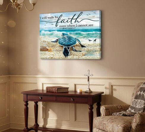 Christian Bible Inspirational Canvas Wall Art Teal Turtle Motivational Quotes I Will Walk By Faith Blue Beach Scenery Painting Picture Wall Decor poster print artwork for Bathroom Office in Saudi Arabia