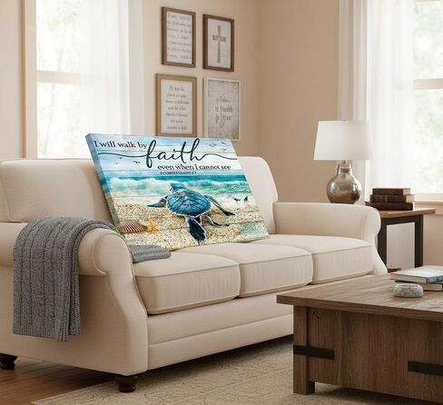 Christian Bible Inspirational Canvas Wall Art Teal Turtle Motivational Quotes I Will Walk By Faith Blue Beach Scenery Painting Picture Wall Decor poster print artwork for Bathroom Office in Saudi Arabia