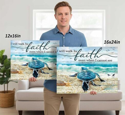 Christian Bible Inspirational Canvas Wall Art Teal Turtle Motivational Quotes I Will Walk By Faith Blue Beach Scenery Painting Picture Wall Decor poster print artwork for Bathroom Office in Saudi Arabia
