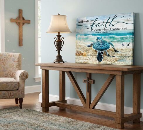 Christian Bible Inspirational Canvas Wall Art Teal Turtle Motivational Quotes I Will Walk By Faith Blue Beach Scenery Painting Picture Wall Decor poster print artwork for Bathroom Office in Saudi Arabia