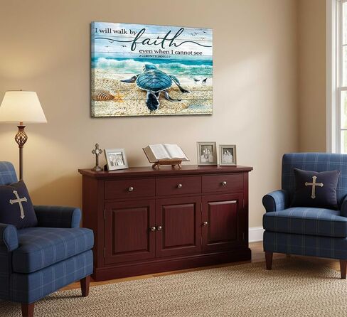 Christian Bible Inspirational Canvas Wall Art Teal Turtle Motivational Quotes I Will Walk By Faith Blue Beach Scenery Painting Picture Wall Decor poster print artwork for Bathroom Office in Saudi Arabia