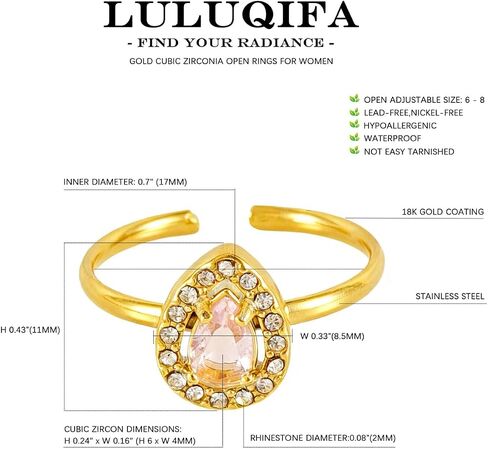 18K Gold Plated Rings for Women,Teardrop Cubic Zirconia Non Tarnish Ring,Dainty Crystal Adjustable Stainless Steel Band Trendy Birthstone Jewelry for Mom Wife Birthday Gifts in Kuwait