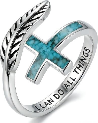 Cross Feather Ring 925 Sterling Silver Adjustable Open Ring with Turquoise Engraved I Can Do All Things Inspirational Christian Jewelry Gift in Saudi Arabia