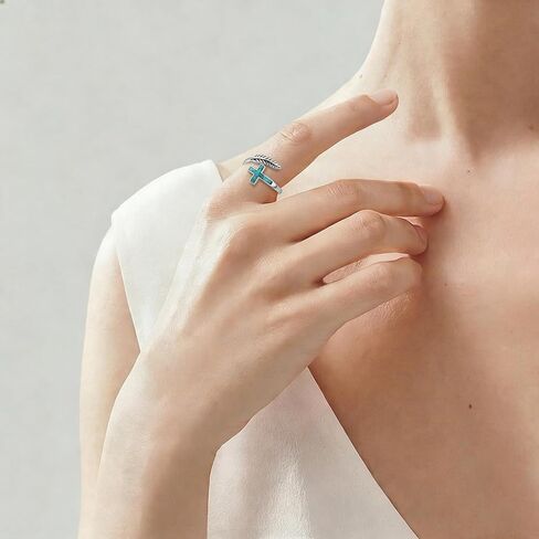 Cross Feather Ring 925 Sterling Silver Adjustable Open Ring with Turquoise Engraved I Can Do All Things Inspirational Christian Jewelry Gift in Saudi Arabia