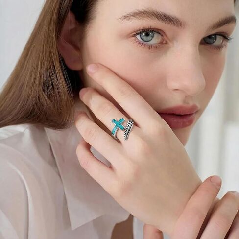 Cross Feather Ring 925 Sterling Silver Adjustable Open Ring with Turquoise Engraved I Can Do All Things Inspirational Christian Jewelry Gift in Saudi Arabia