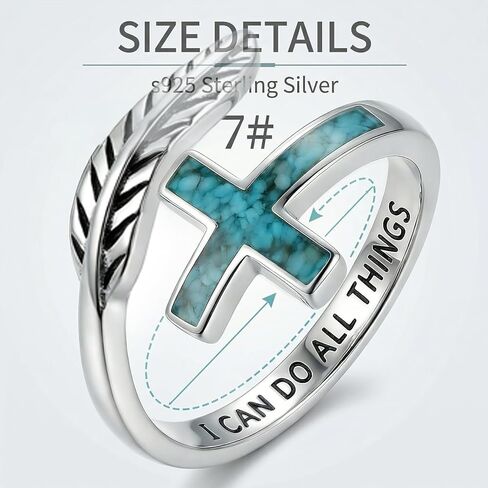 Cross Feather Ring 925 Sterling Silver Adjustable Open Ring with Turquoise Engraved I Can Do All Things Inspirational Christian Jewelry Gift in Saudi Arabia