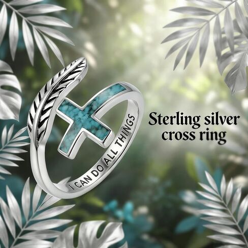 Cross Feather Ring 925 Sterling Silver Adjustable Open Ring with Turquoise Engraved I Can Do All Things Inspirational Christian Jewelry Gift in Saudi Arabia