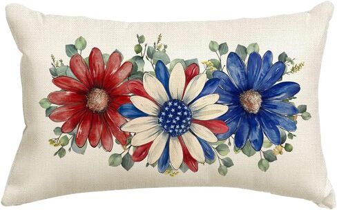 RABUSOFA 4th of July Patriotic Throw Pillow Covers,12x20 Inch Memorial Day Red White and Blue Floral Outdoor Lumbar Cushion Case Decoration for Home Couch(6-12)(12"x20") in Saudi Arabia