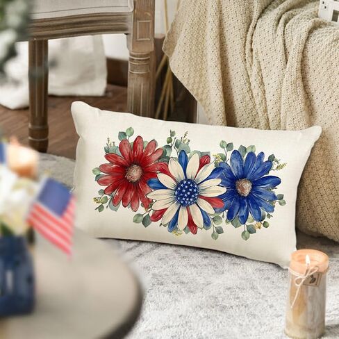 RABUSOFA 4th of July Patriotic Throw Pillow Covers,12x20 Inch Memorial Day Red White and Blue Floral Outdoor Lumbar Cushion Case Decoration for Home Couch(6-12)(12"x20") in Saudi Arabia