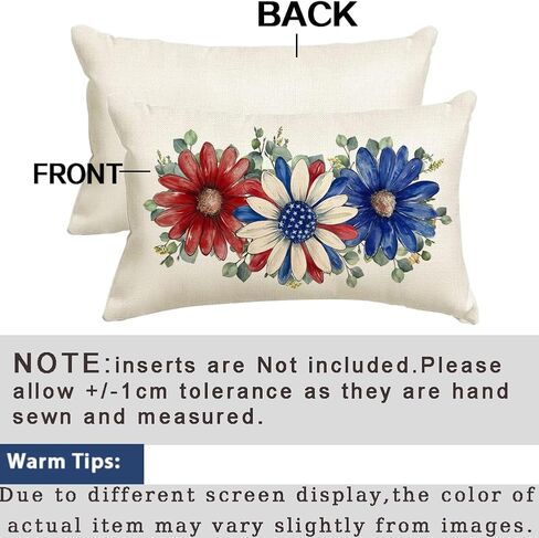 RABUSOFA 4th of July Patriotic Throw Pillow Covers,12x20 Inch Memorial Day Red White and Blue Floral Outdoor Lumbar Cushion Case Decoration for Home Couch(6-12)(12"x20") in Saudi Arabia
