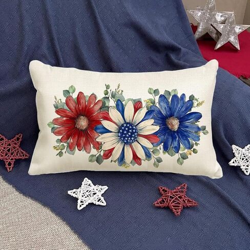 RABUSOFA 4th of July Patriotic Throw Pillow Covers,12x20 Inch Memorial Day Red White and Blue Floral Outdoor Lumbar Cushion Case Decoration for Home Couch(6-12)(12"x20") in Saudi Arabia