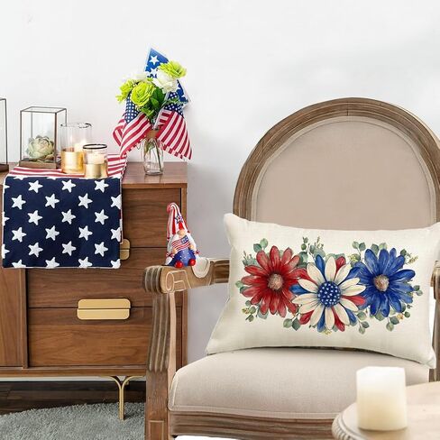 RABUSOFA 4th of July Patriotic Throw Pillow Covers,12x20 Inch Memorial Day Red White and Blue Floral Outdoor Lumbar Cushion Case Decoration for Home Couch(6-12)(12"x20") in Saudi Arabia