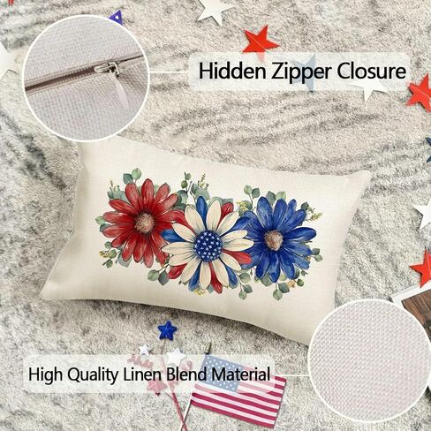 RABUSOFA 4th of July Patriotic Throw Pillow Covers,12x20 Inch Memorial Day Red White and Blue Floral Outdoor Lumbar Cushion Case Decoration for Home Couch(6-12)(12"x20") in Saudi Arabia