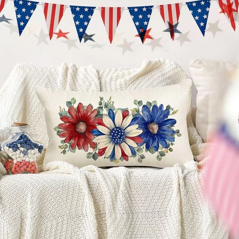 RABUSOFA 4th of July Patriotic Throw Pillow Covers,12x20 Inch Memorial Day Red White and Blue Floral Outdoor Lumbar Cushion Case Decoration for Home Couch(6-12)(12"x20") in Saudi Arabia