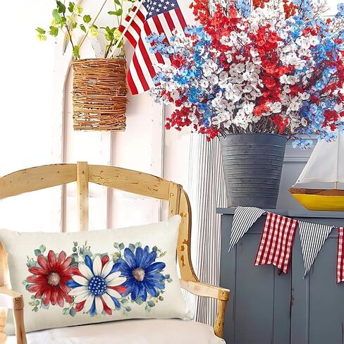 RABUSOFA 4th of July Patriotic Throw Pillow Covers,12x20 Inch Memorial Day Red White and Blue Floral Outdoor Lumbar Cushion Case Decoration for Home Couch(6-12)(12"x20") in Saudi Arabia