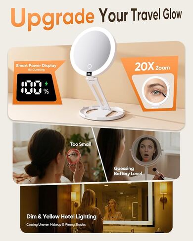 Travel Makeup Mirror with Lights (Gen 3) - 20X/1X Dual Sided Magnifying Mirror with Digital Power Display - Rechargeable, 3 Color Dimmable, CRI 95+ - Portable Folding Mirror for Desk & Travel in Saudi Arabia