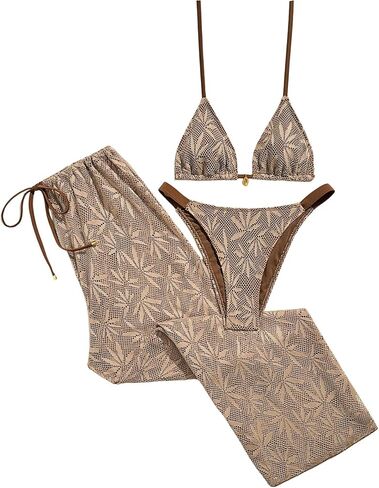SHENHE Women's 3 Piece Bikini Set Ribbed Triangle Swimsuit Cheeky Bathing Suit with Drawstring Pants Cover Up in Kuwait
