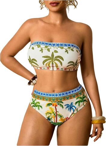 Floerns Women's Plus Size Strapless Bandeau Bikini Sets Tropical High Waisted Bathing Suit in Kuwait